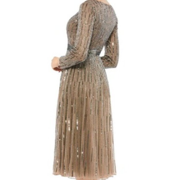 Mac Duggal Dark Taupe Sequin Beaded Long Sleeve Midi Dress - Picture 2 of 2